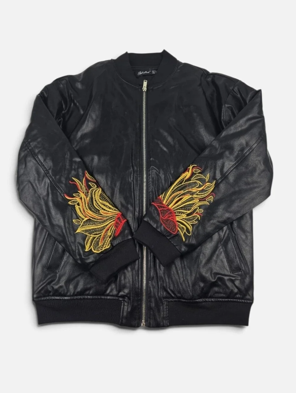 Buds of Beads Floral Embroidered Faux Leather Bomber Jacket Womens XL Black